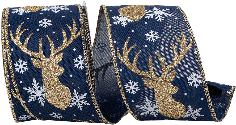 Deer Antler Glitter & Snowflakes Linen Ribbon Navy Gold 2-1/2 Inch