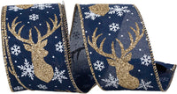 Deer Antler Glitter & Snowflakes Linen Ribbon Navy Gold 2-1/2 Inch