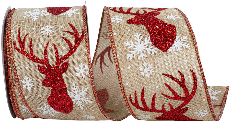 Deer Antler Glitter Snowflakes Ribbon Natural Red 2-1/2 Inch