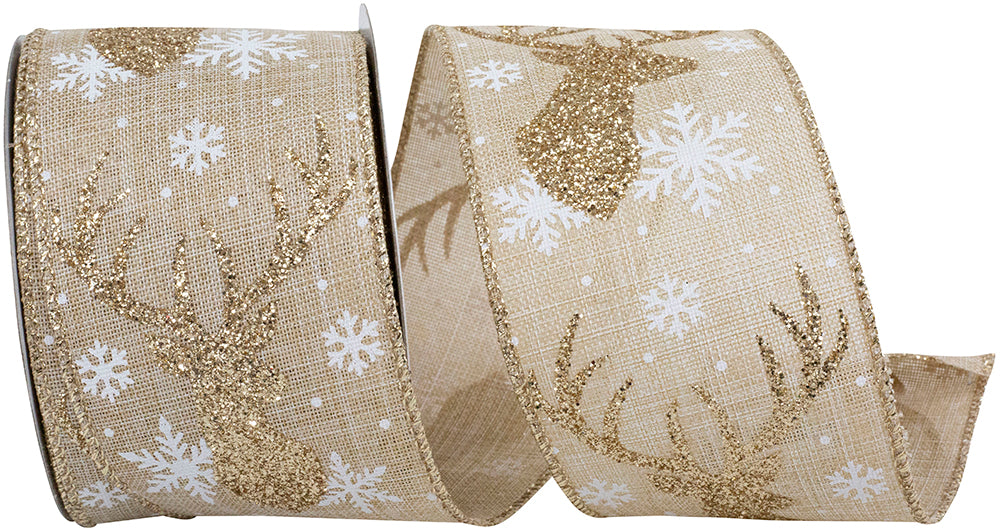 Deer Antler Glitter Snowflakes Linen Wired Edge Ribbon Natural Gold 2-1/2 Inch