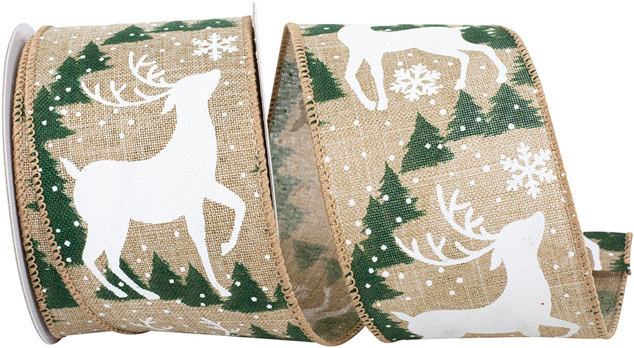 Natural 2-1 2 Inch Deer Prancing Trees Scene Linen Wired Edge