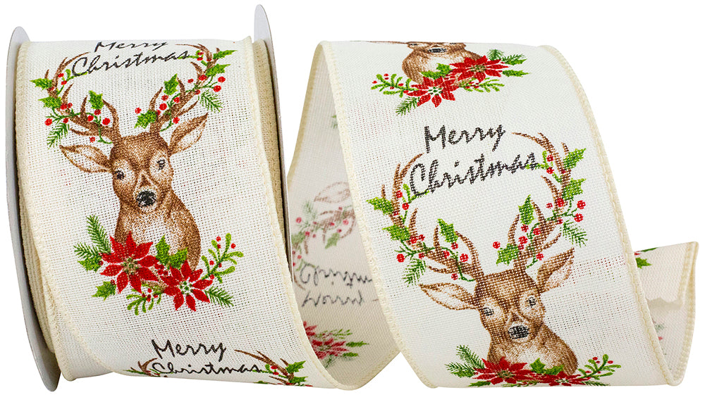 Ivory 2-1 2 Inch Deer Sincere Merry Christmas Linen Wired Edge Ribbon for Wreaths & Bows