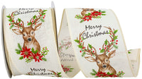 Ivory 2-1 2 Inch Deer Sincere Merry Christmas Linen Wired Edge Ribbon for Wreaths & Bows