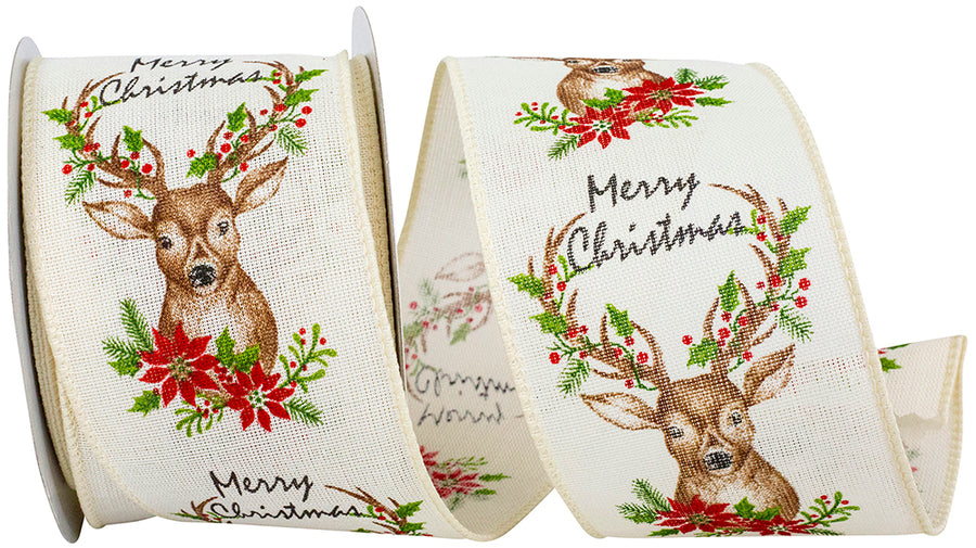 Ivory 2-1 2 Inch Deer Sincere Merry Christmas Linen Wired Edge Ribbon for Wreaths & Bows