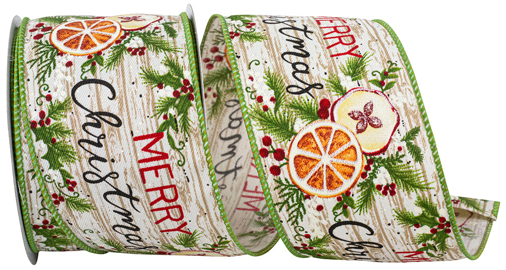 Natural Green 2-1 2 Inch Merry Christmas Wood Planks Wired Edge Ribbon for Wreaths & Bows