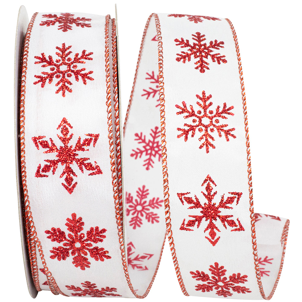 Snowflake Glitter Wired Edge Ribbon 1-1/2 Inch White
