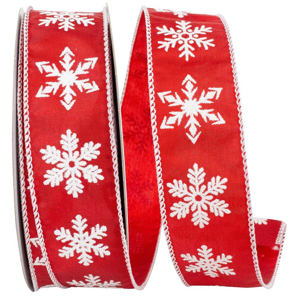 Red Snowflake Glitter Wired Edge Ribbon 1-1/2 Inch for Bows