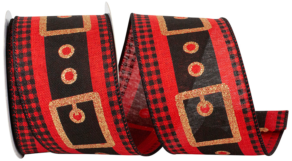 Santas Belt Glitter Linen Check Ribbon Red Black 2-1/2 Inch