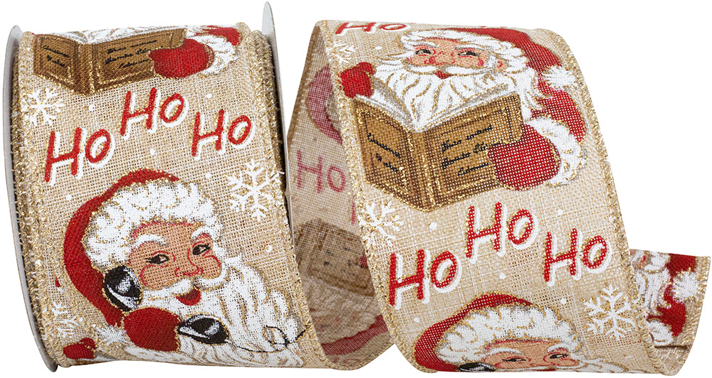 Natural 2-1 2 Inch Santa Vintage Linen Hohoho Wired Edge Ribbon for Wreaths & Bows