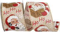 Natural 2-1 2 Inch Santa Vintage Linen Hohoho Wired Edge Ribbon for Wreaths & Bows