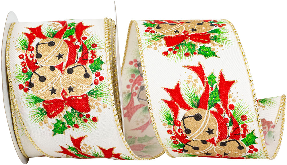 Christmas Bells & Holly Glitter Ribbon Ivory Gold 2-1/2 Inch
