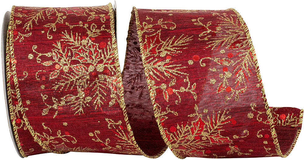 Scarlet Holly Glitter Wisps Satin Wired Edge Ribbon 2.5 Inch