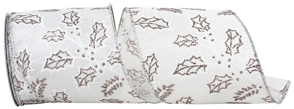 White 4 Inch Wired Edge Satin Ribbon with Holly Glitter