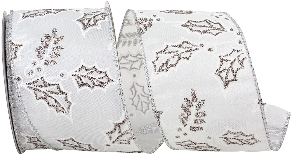 Holly Glitter Outlines White Satin Wired Edge Ribbon 2-1/2 Inch