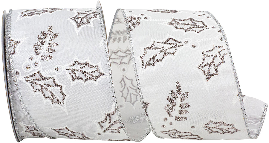 Holly Glitter Outlines White Satin Wired Edge Ribbon 2-1/2 Inch
