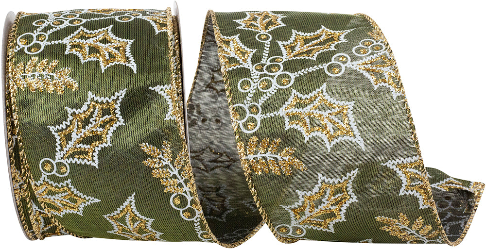 Holly Glitter Outlines Moss Satin Wired Edge Ribbon 2-1/2 Inch