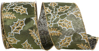 Holly Glitter Outlines Moss Satin Wired Edge Ribbon 2-1/2 Inch