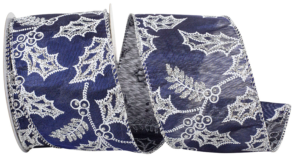 Navy 2-1/2 Inch Satin Wired Edge Ribbon with Glitter