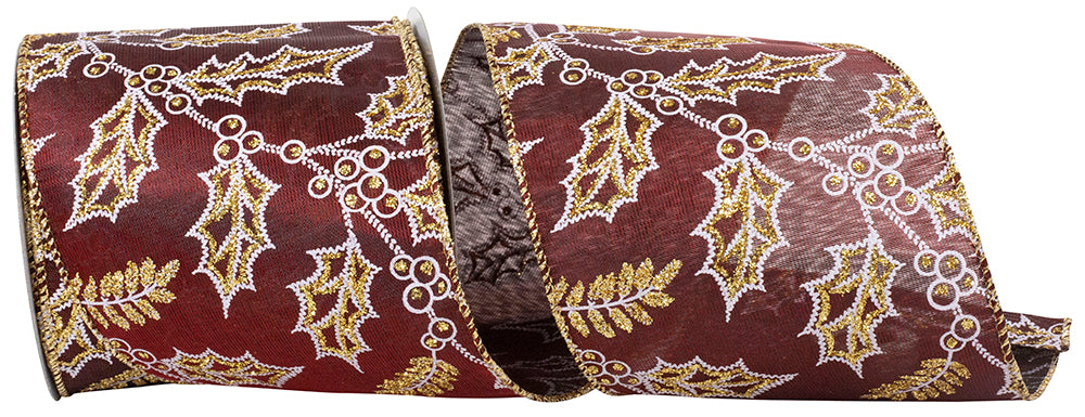 Burgundy 4 Inch Satin Wired Edge Ribbon with Glitter Outlines