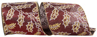 Burgundy 4 Inch Satin Wired Edge Ribbon with Glitter Outlines