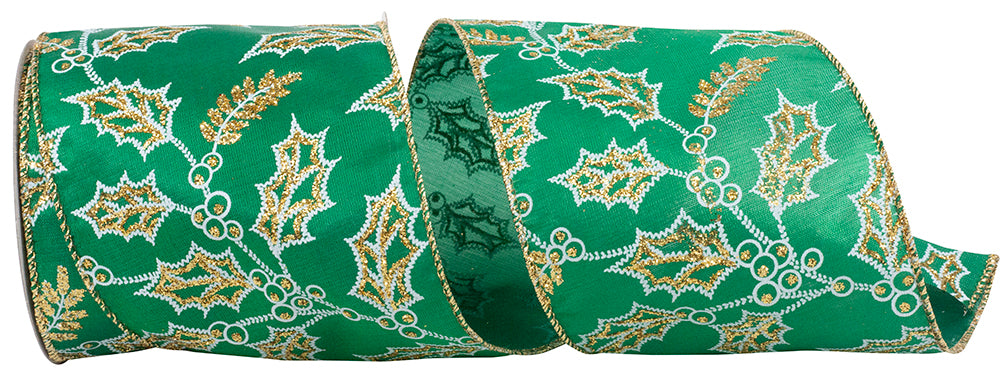 Holly Glitter Outlines Satin Wired Edge Ribbon 4 Inch Holiday