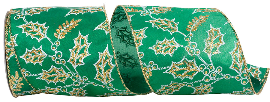 Holly Glitter Outlines Satin Wired Edge Ribbon 4 Inch Holiday