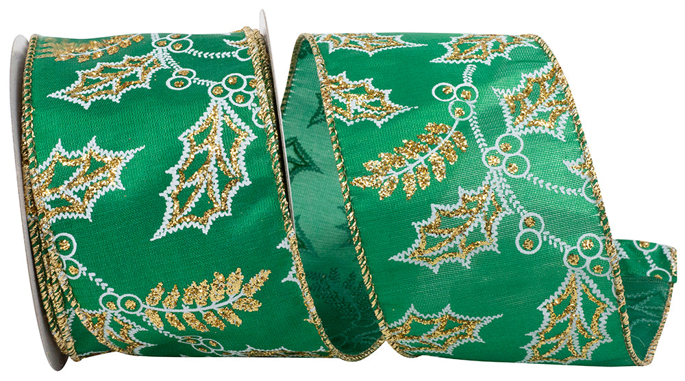 Holly Glitter Outlines Satin Iridescent Wired Edge Ribbon 2-1/2 Inch