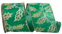 Holly Glitter Outlines Satin Iridescent Wired Edge Ribbon 2-1/2 Inch
