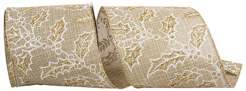 Holly Glitter Outlines Linen Wired Edge Ribbon Natural 4 Inch