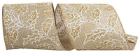 Holly Glitter Outlines Linen Wired Edge Ribbon Natural 4 Inch