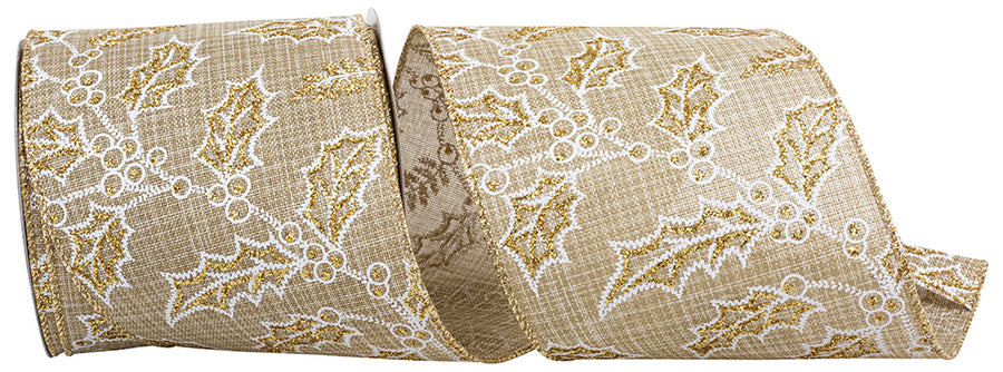 Holly Glitter Outlines Linen Wired Edge Ribbon Natural 4 Inch