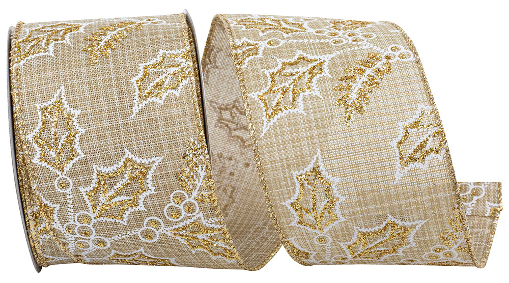 Holly Glitter Outlines Linen Wired Edge Ribbon Natural 2-1/2 Inch