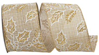 Holly Glitter Outlines Linen Wired Edge Ribbon Natural 2-1/2 Inch