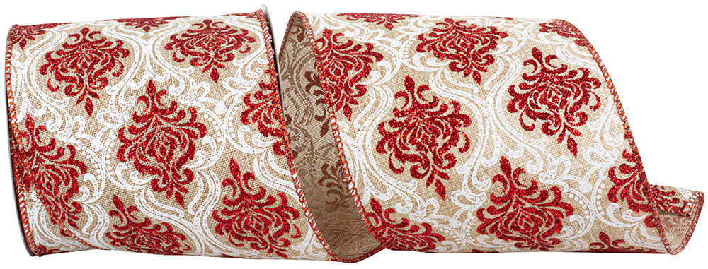 Filigree Regal Glitter Natural Linen Ribbon 4 Inch Red