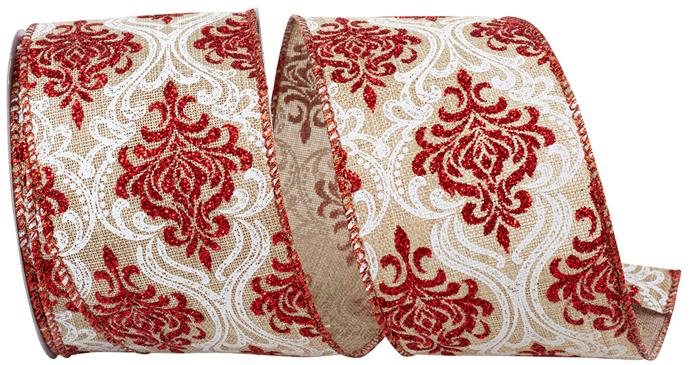 Filigree Glitter Wired Edge Ribbon Natural Red 2-1/2 Inch