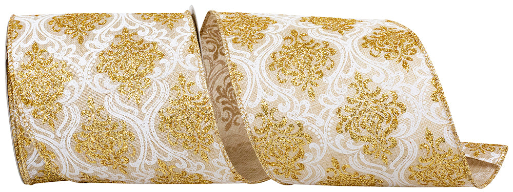 Filigree Regal Glitter Natural Linen Ribbon 4 Inch Natural Gold