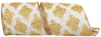 Filigree Regal Glitter Natural Linen Ribbon 4 Inch Natural Gold