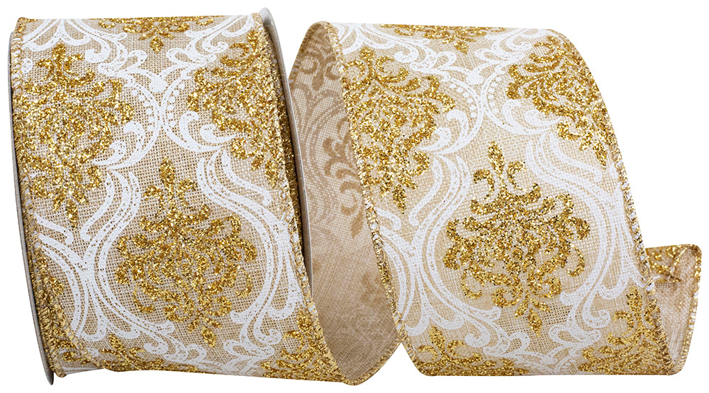 Filigree Regal Glitter Natural Linen Ribbon 2-1/2 Inch Gold