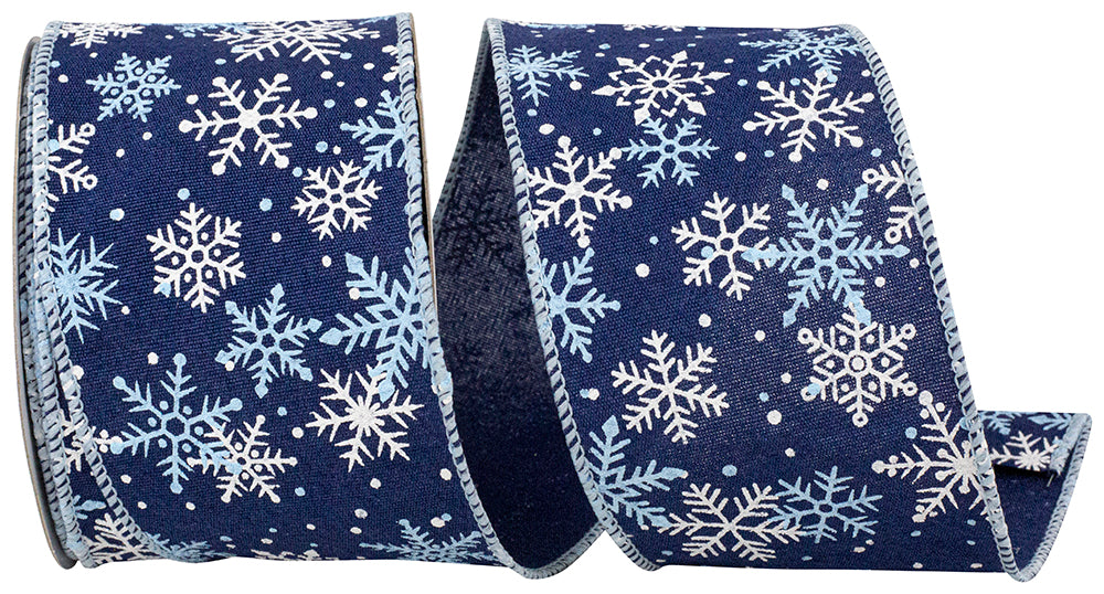 Navy 2-1 2 Inch Snowflakes Linen Subtlety Wired Edge Ribbon for Wreaths & Bows