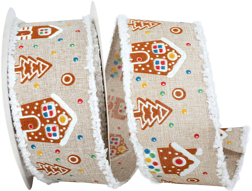Natural 2-1 2 Inch Gingerbread Houses Linen Frizette Wired Edge Ribbon for Wreaths & Bows