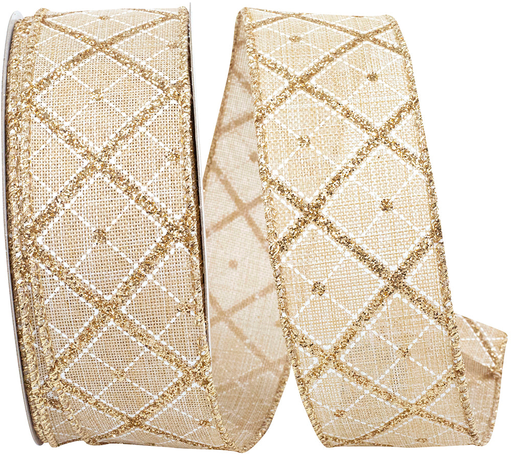 Diamond Lattice Glitter Natural Linen Ribbon Natural Gold 1-1/2 Inch