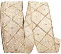 Diamond Lattice Glitter Natural Linen Ribbon Natural Gold 1-1/2 Inch