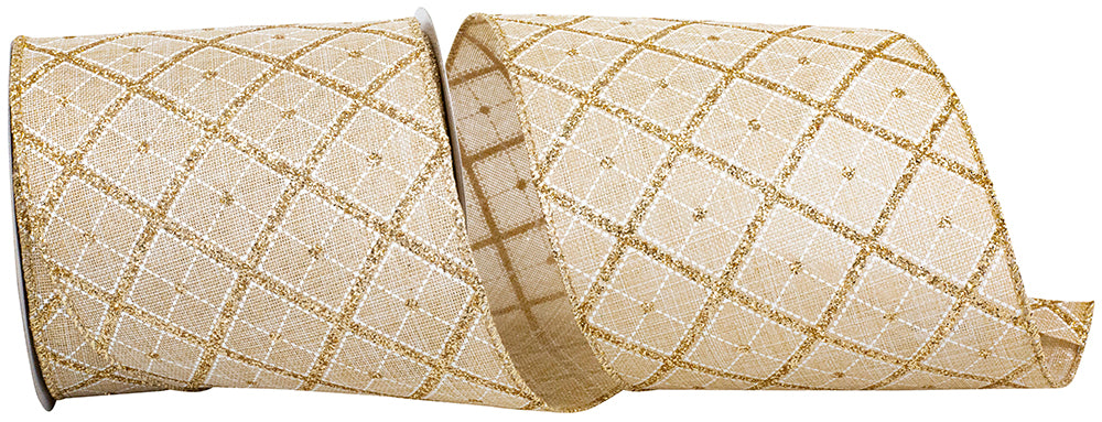 Diamond Lattice Glitter Ribbon Natural Gold 4 Inch Wired Edge