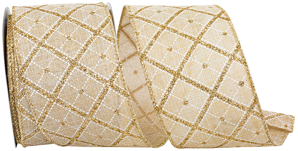Diamond Lattice Glitter Ribbon Natural Gold 2-1/2 Inch
