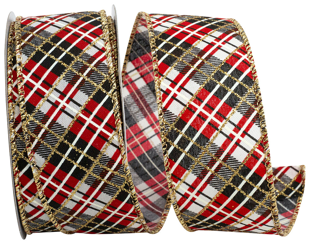 Plaid Red Black Wired Edge Ribbon 1-1/2 Inch Glitter Stripes