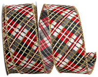 Plaid Red Black Wired Edge Ribbon 1-1/2 Inch Glitter Stripes