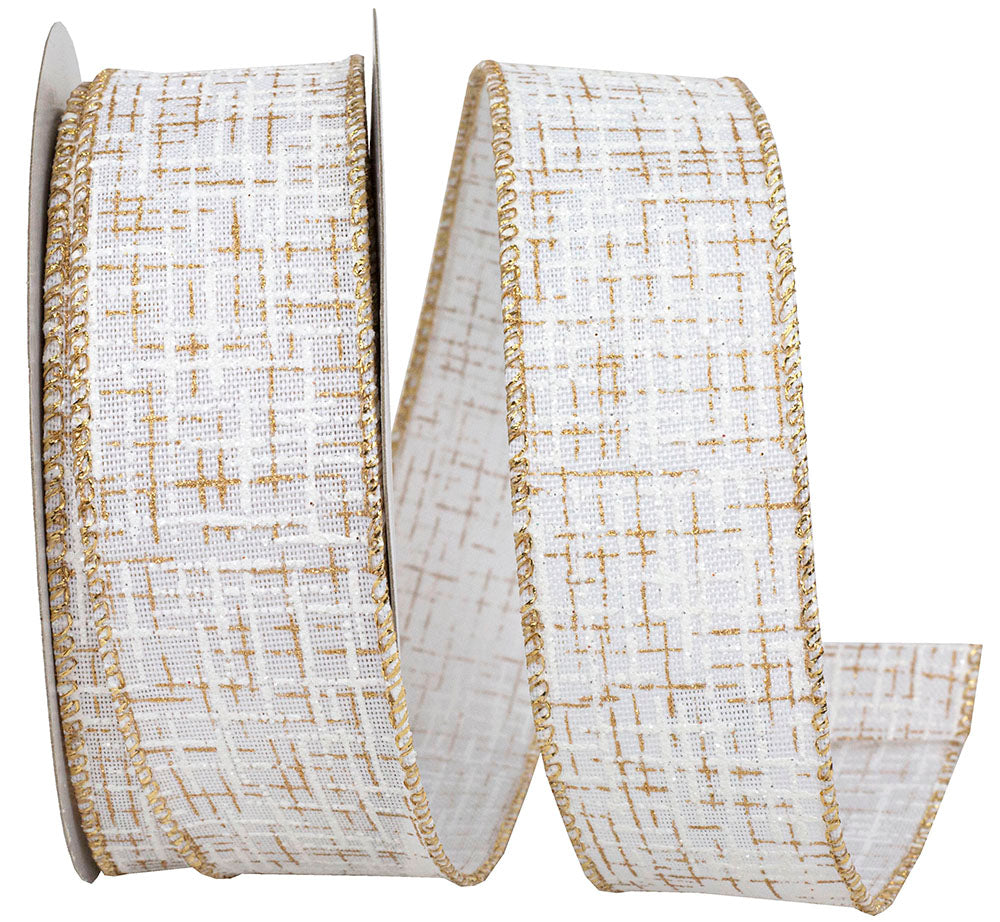 White Gold 1-1 2 Inch Striped Texture Elegance Linen Wired Edge Ribbon for Wreaths & Bows