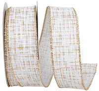 White Gold 1-1 2 Inch Striped Texture Elegance Linen Wired Edge Ribbon for Wreaths & Bows