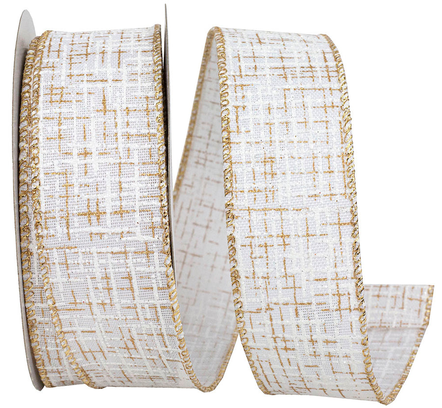 White Gold 1-1 2 Inch Striped Texture Elegance Linen Wired Edge Ribbon for Wreaths & Bows
