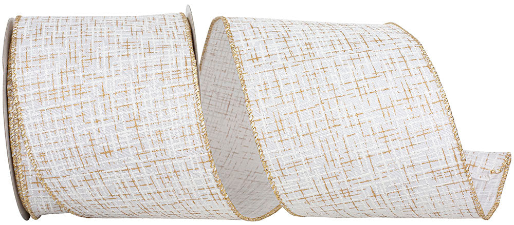 White Gold 4 Inch Striped Texture Elegance Linen Wired Edge Ribbon for Wreaths & Bows